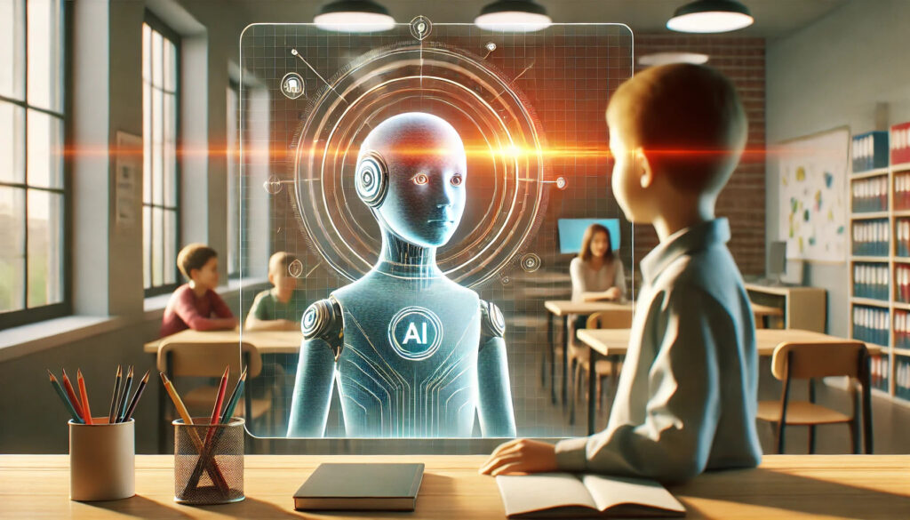 Ein Schüler betrachtet ein holografisches KI-Wesen im Klassenzimmer, das als digitale Lehrkraft oder Lernhilfe dargestellt ist.